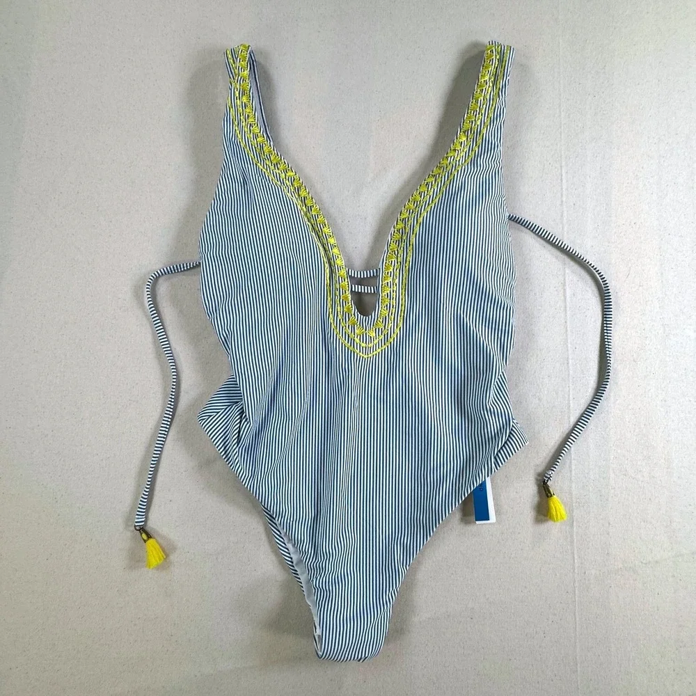 Lucky Brand Women Blue White Striped Embroidered V-Neck One Piece Swimsuit S NEW